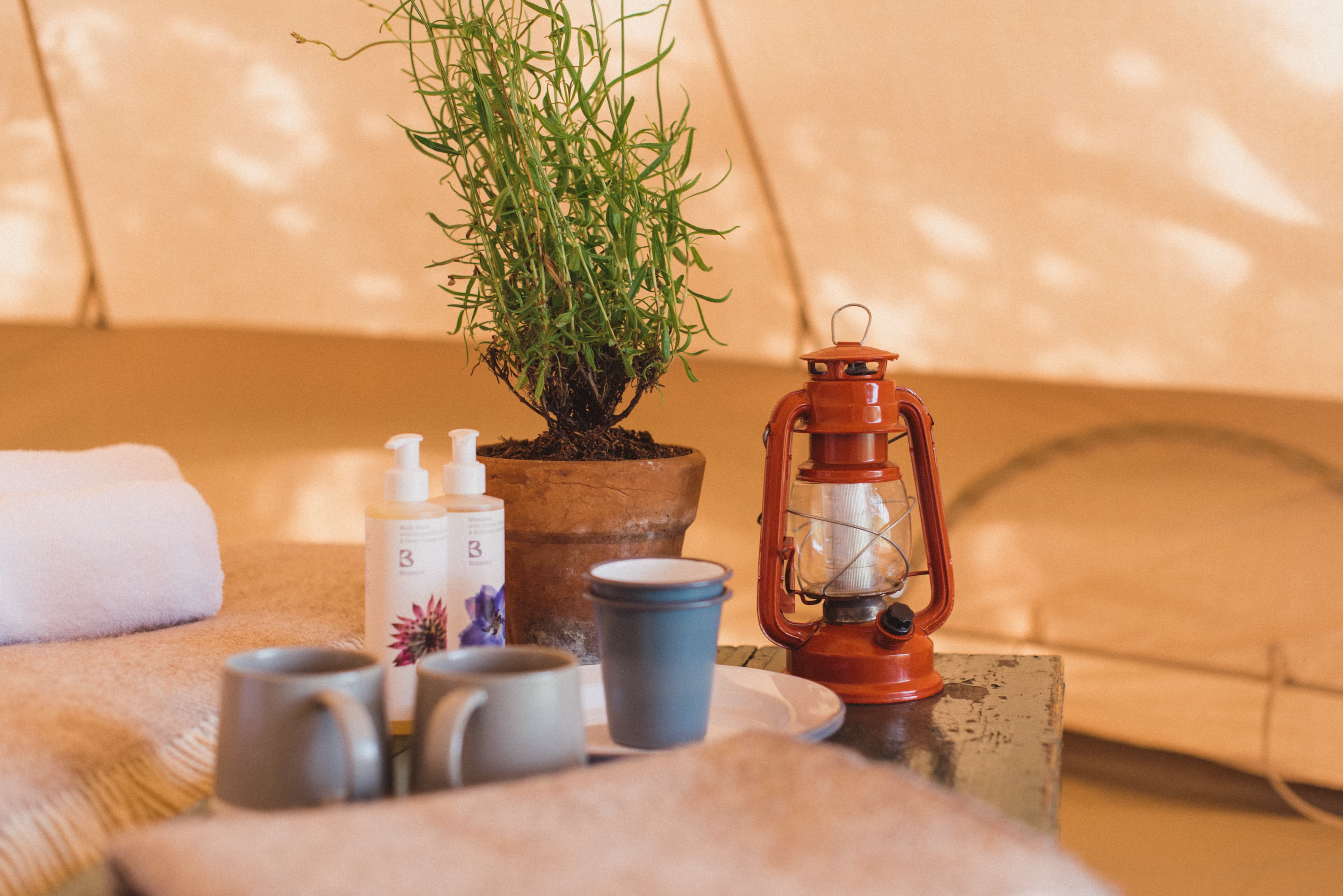 Inside of luxury glamping bell tent Kent