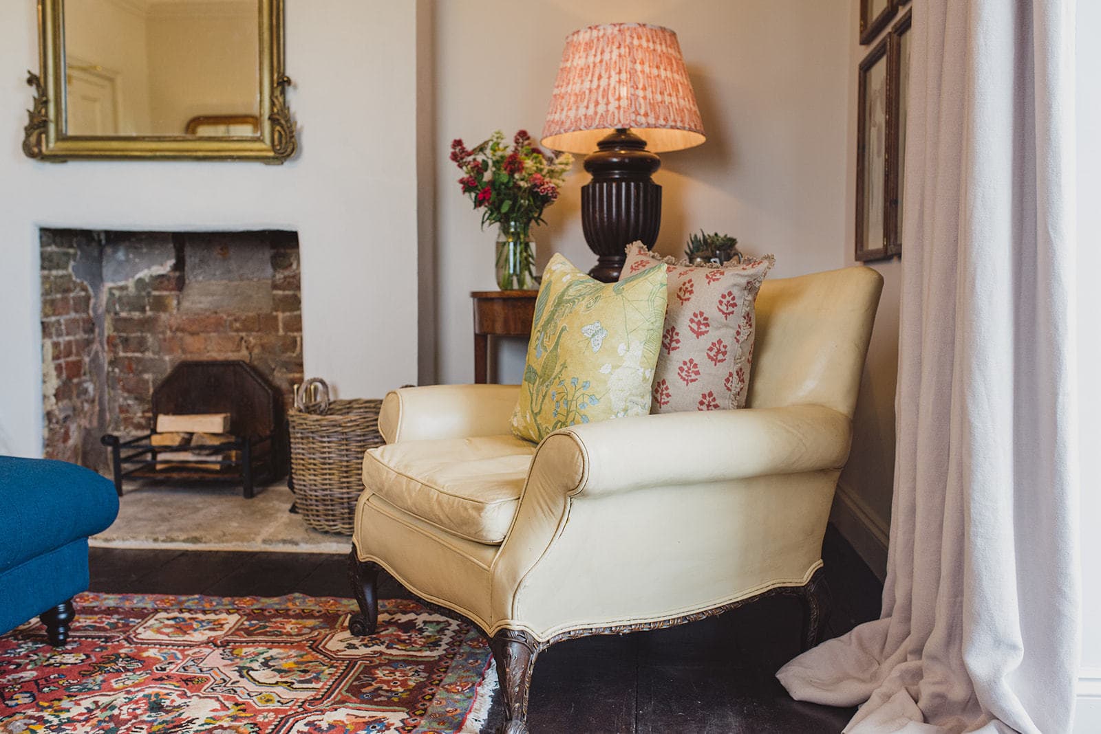 chair infront of fireplace