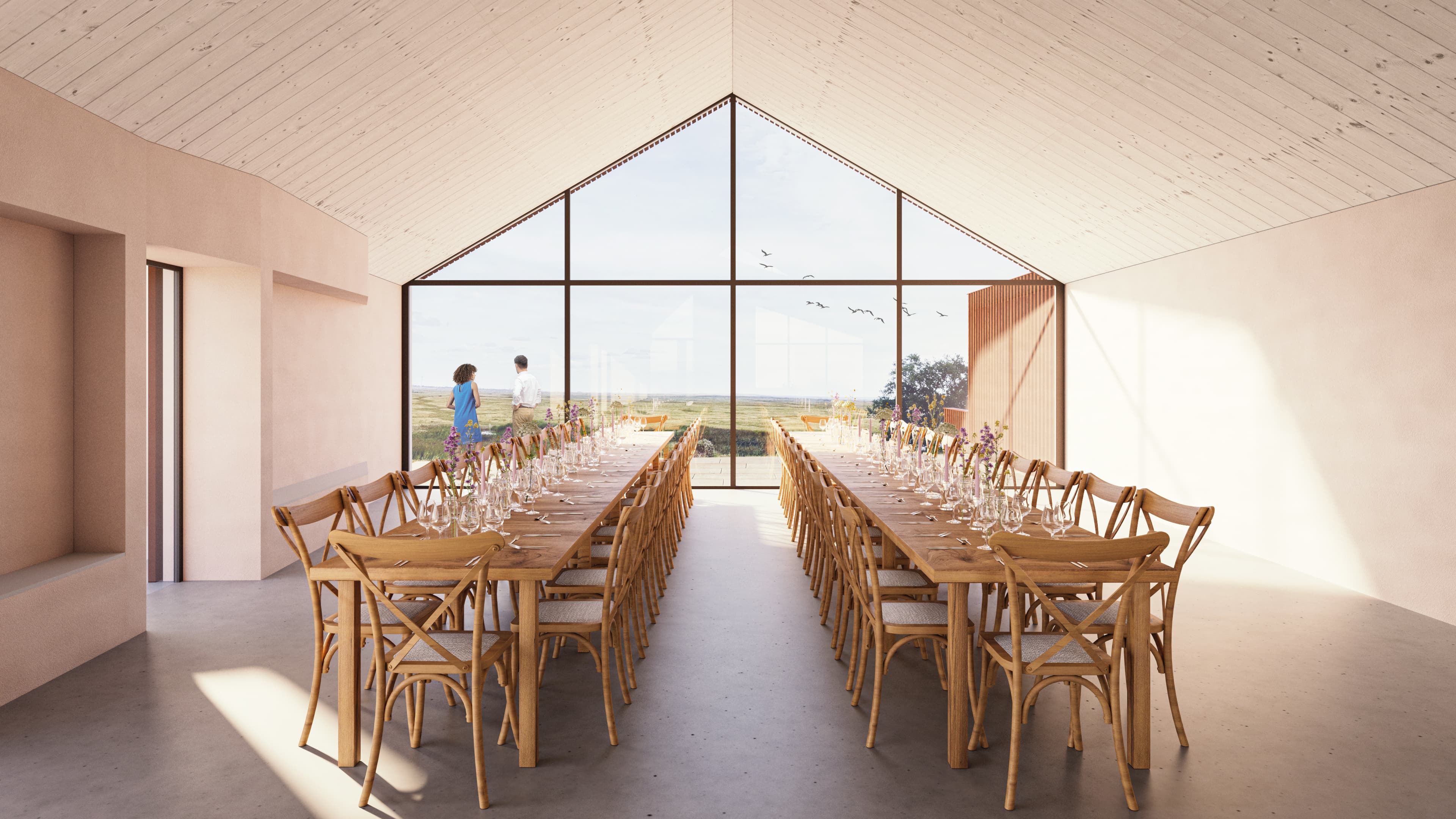 New barn and events space internal set up for dining at Elmley Nature Reserve