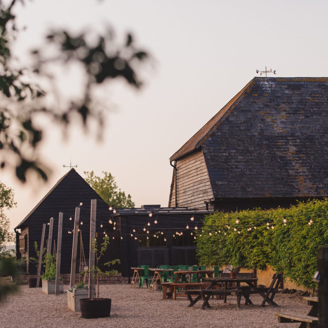 Elmley's Courtyard underneath the summer evening sky and festoon lights